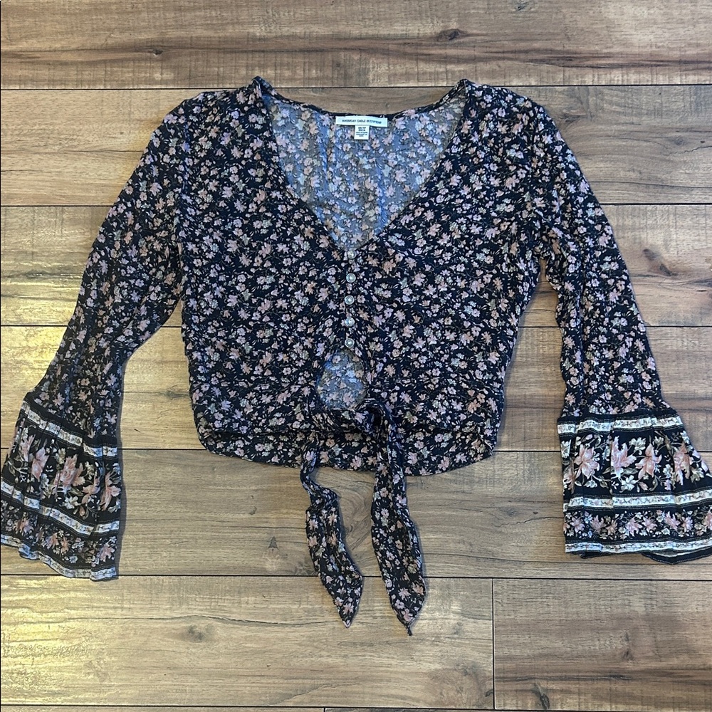 American Eagle Outfitters Black and Pink Floral Blouse